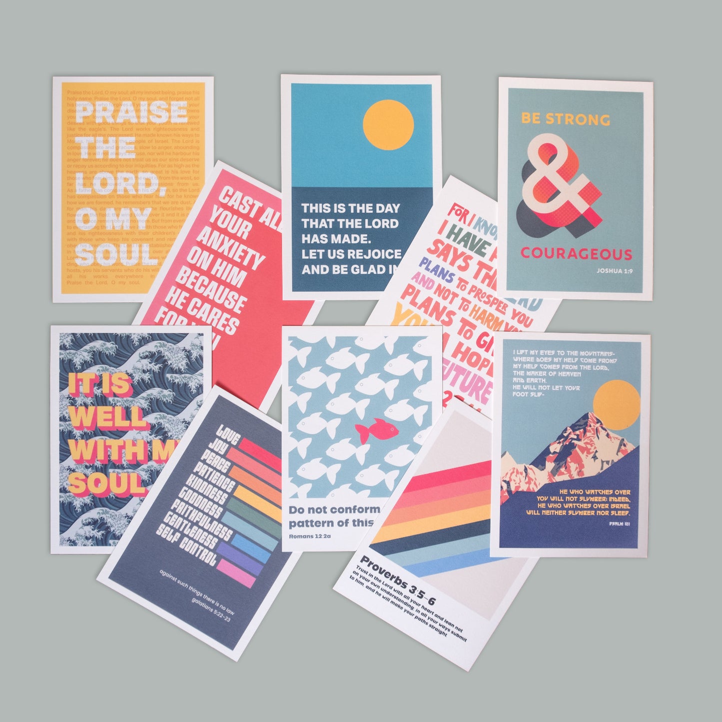pack of 10 colourful modern christian postcards with bible verses