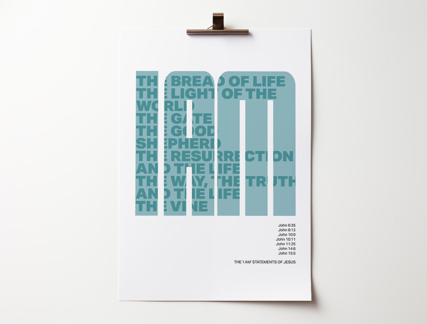 The 7 'I am' statements of Jesus. Modern typography poster.