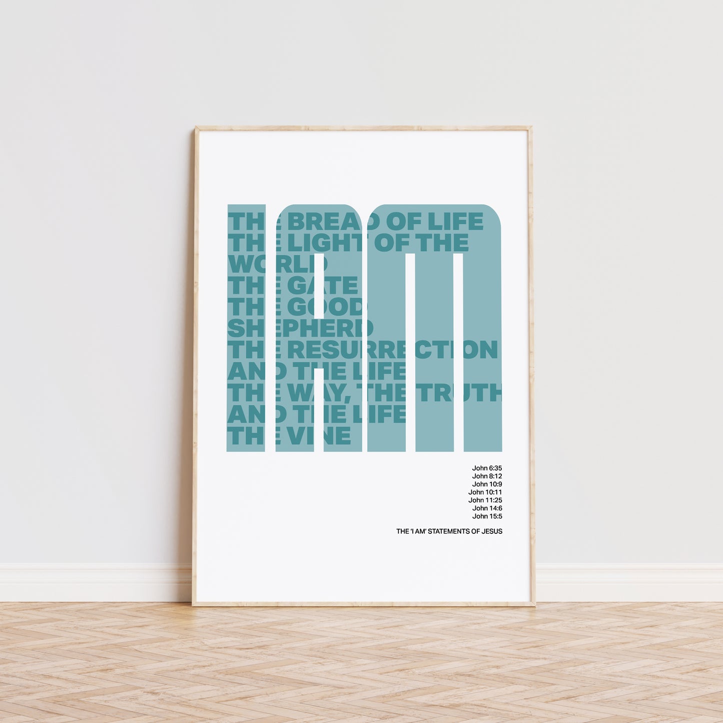 The 7 'I am' statements of Jesus. Modern typography poster.