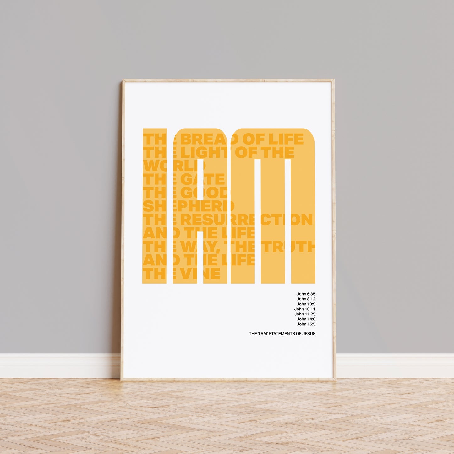 The 7 'I am' statements of Jesus. Modern typography poster.