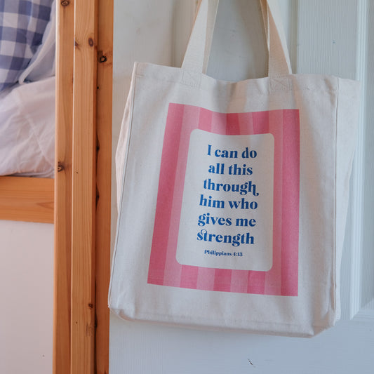 Philippians 4:13 Christian Cotton Tote Bag | Wide Base Scripture Tote