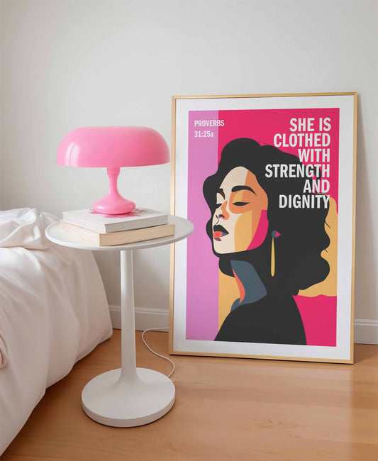 Proverbs 31 Christian poster. PINK EDITION. She is clothed with strength and dignity, Bible wall art, Christian Gift, Proverbs 31 Woman