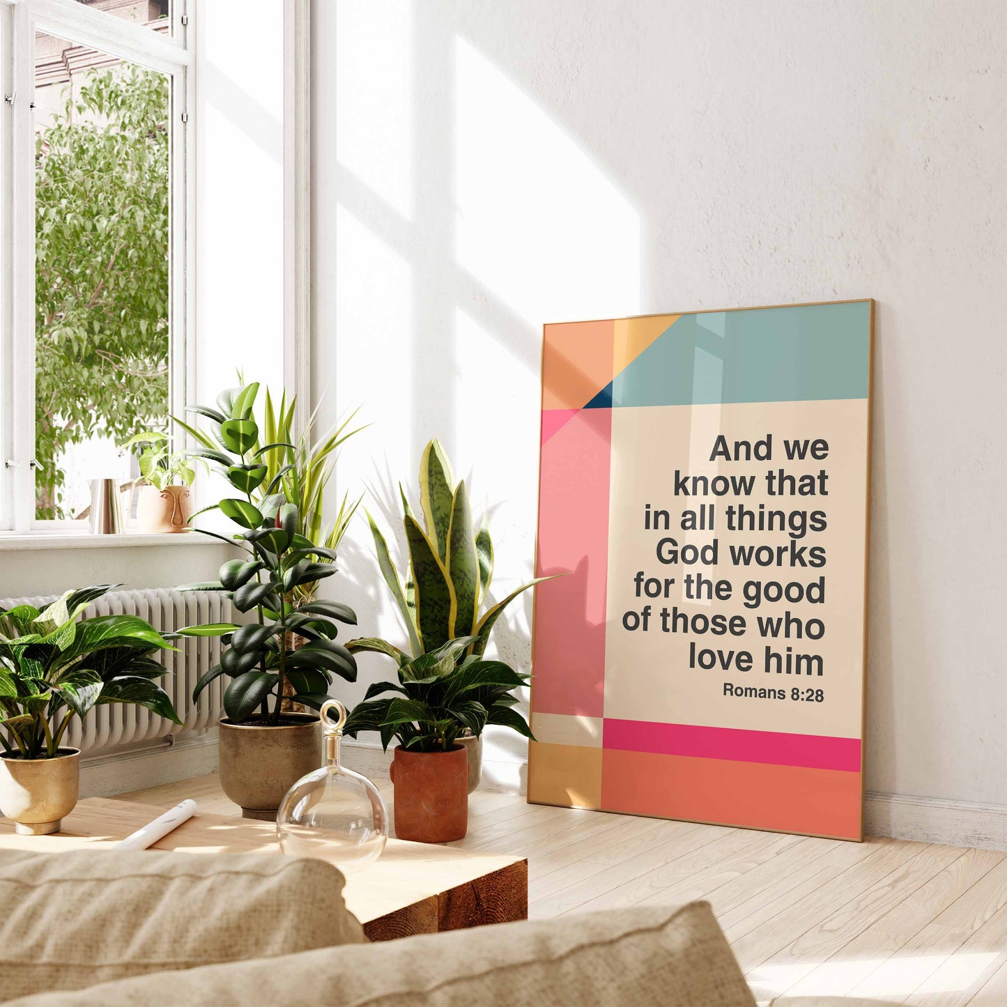 Romans 8 v 28 poster. In all things God works for the good of those who love him. Colourful Christian poster