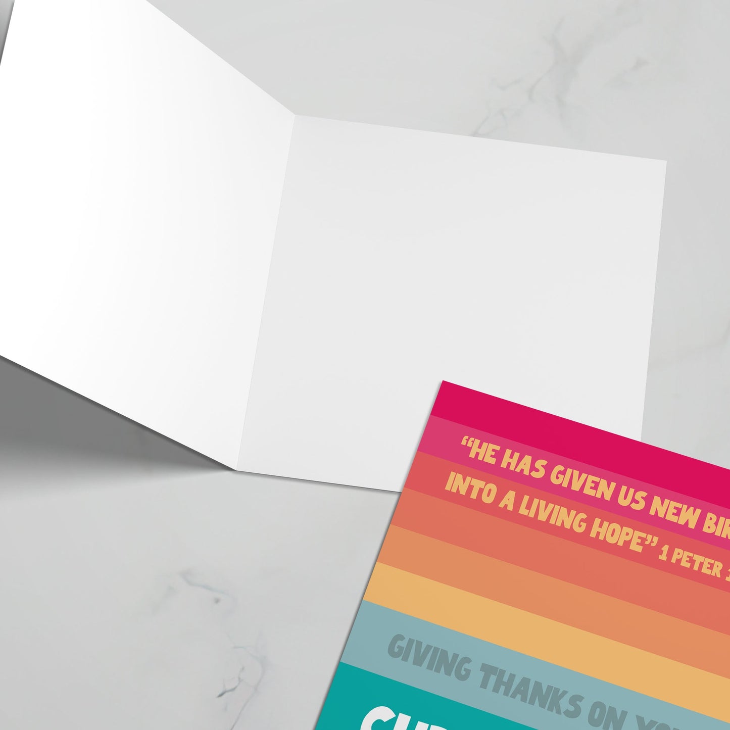 Christian Christening card, 1 Peter 1:3 verse, bright modern colourful design, joyful faith-inspired greeting card.