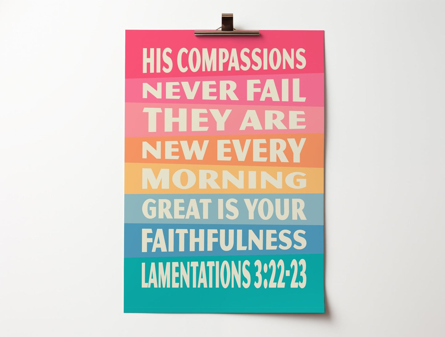 Modern Rainbow Christian poster Lamentations 3:23 verse, perfect gift.