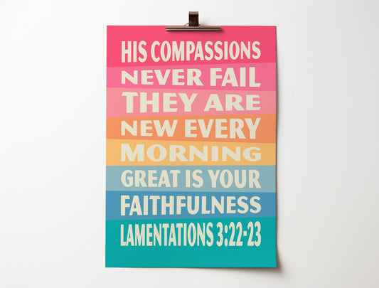 Modern Rainbow Christian poster Lamentations 3:23 verse, perfect gift.