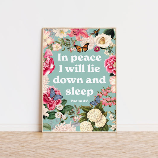 In peace I will lie down and sleep. Poster. Psalm 4:8 - The Christian Poster Company