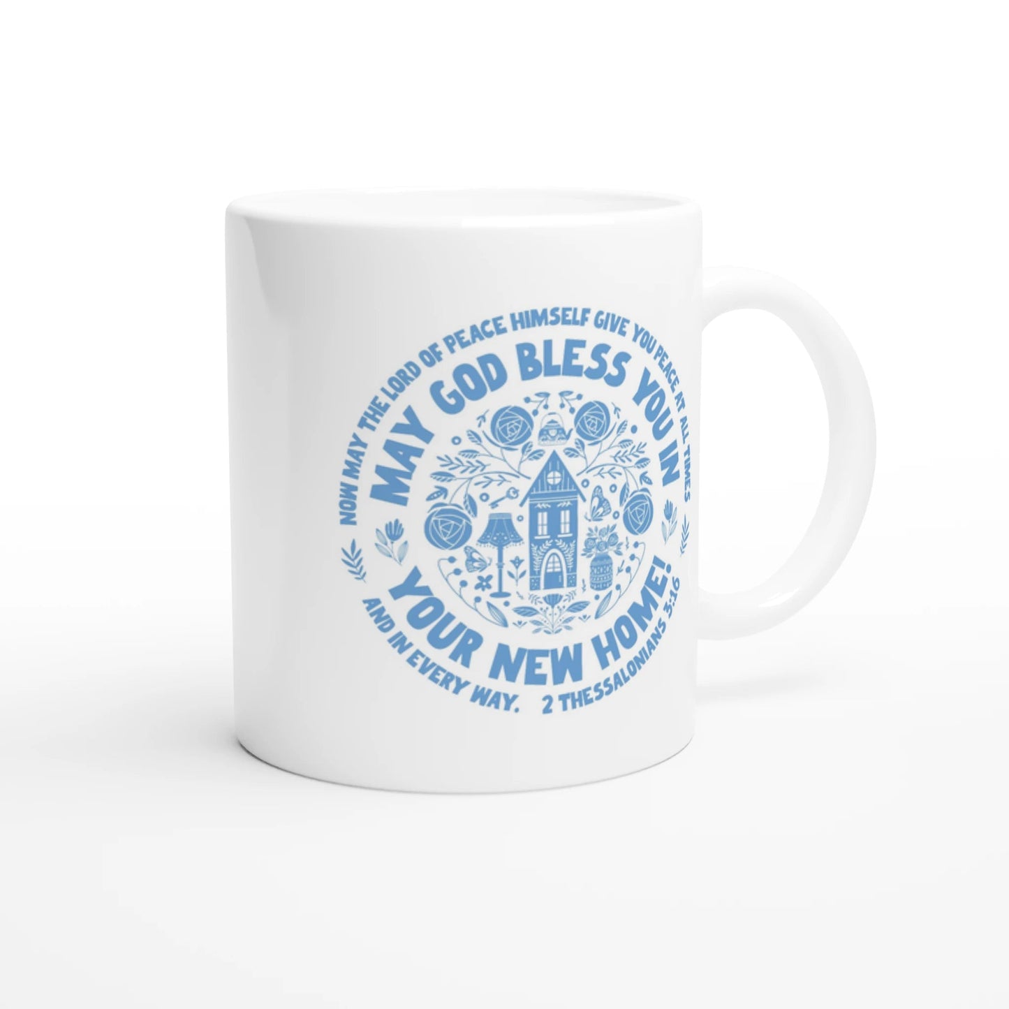Modern blue and white ceramic Christian gift mug with scripture and housewarming blessing, perfect for new house gift