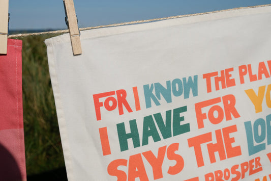 Bright modern Christian tea towel Jeremiah 29:11