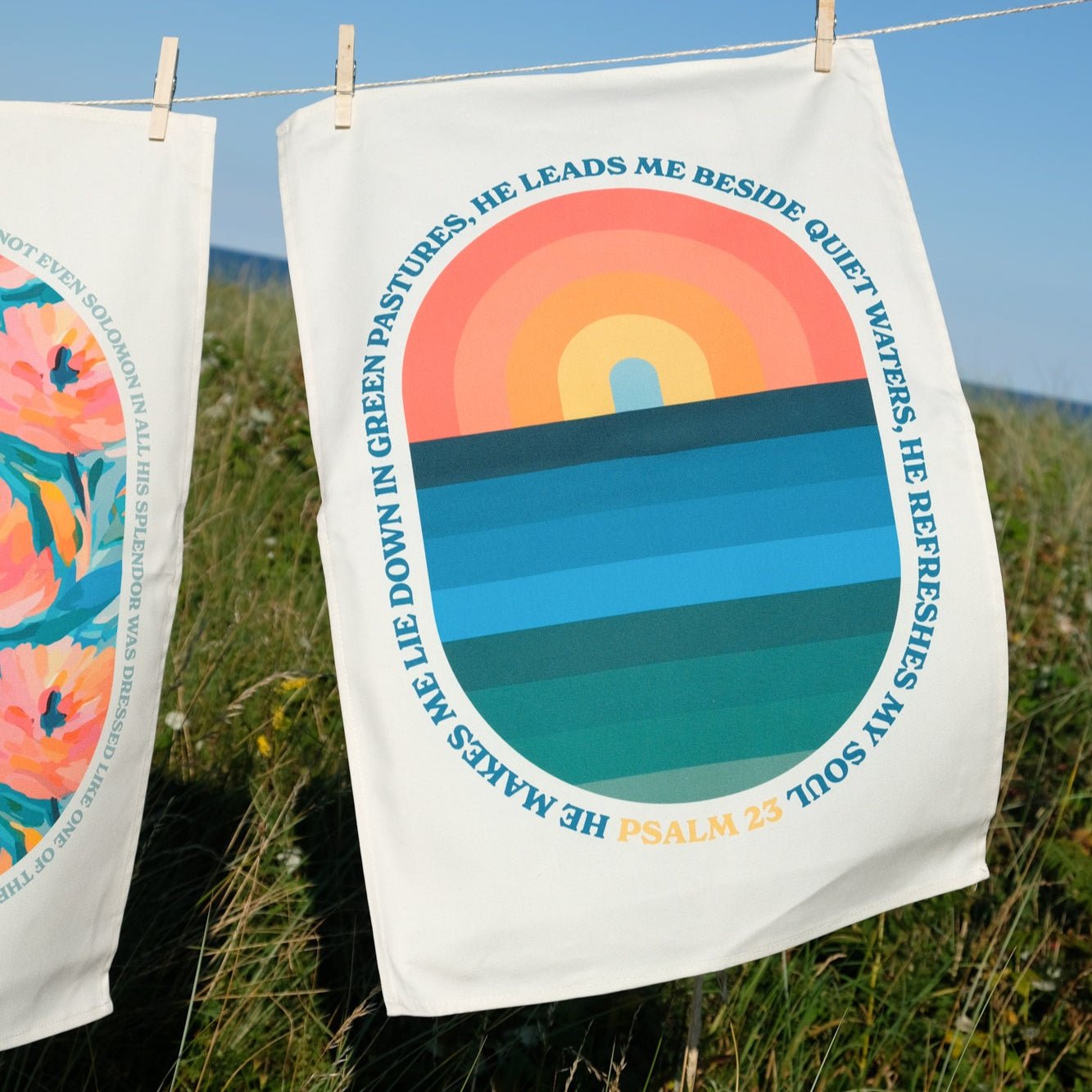 Organic cotton Christian tea towel with a colourful modern design with words from Psalm 23 - The Christian Poster Company