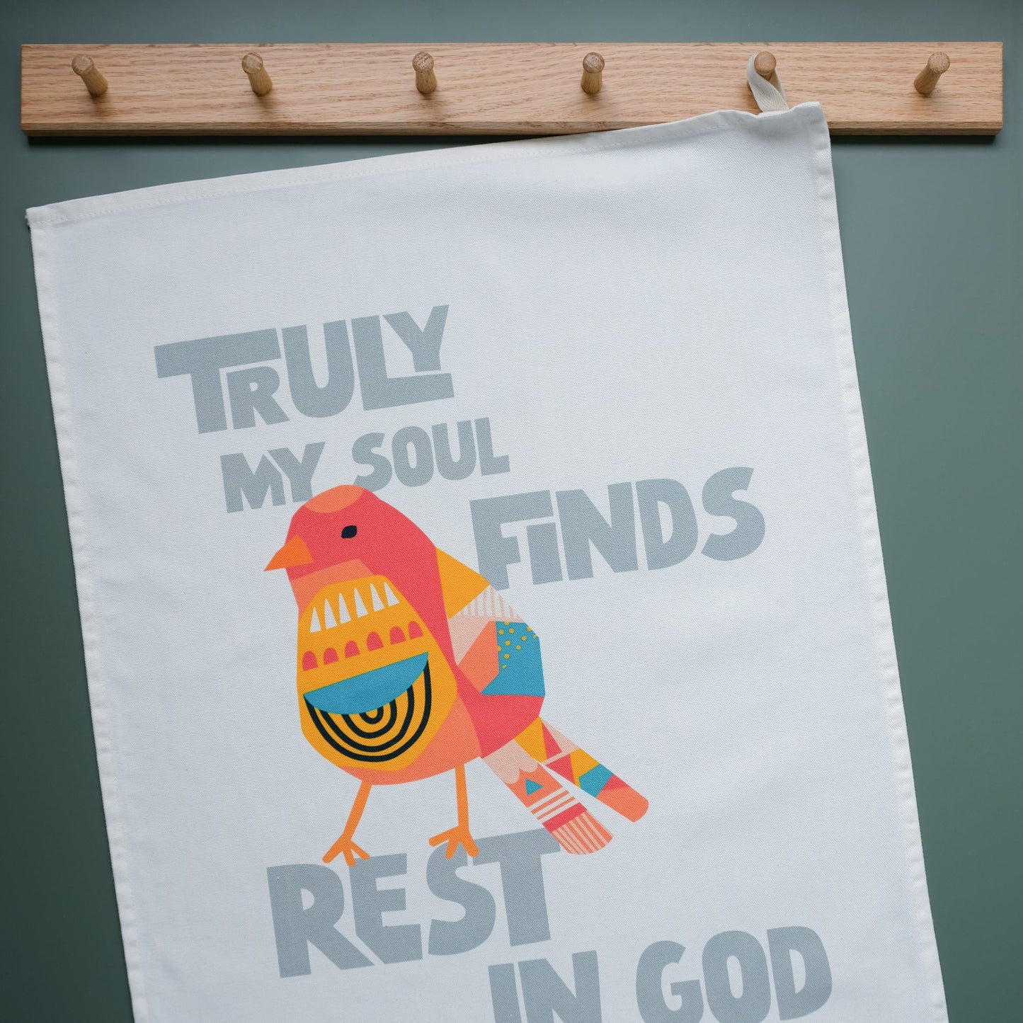Modern Christian tea towel bird design Psalm 62:1