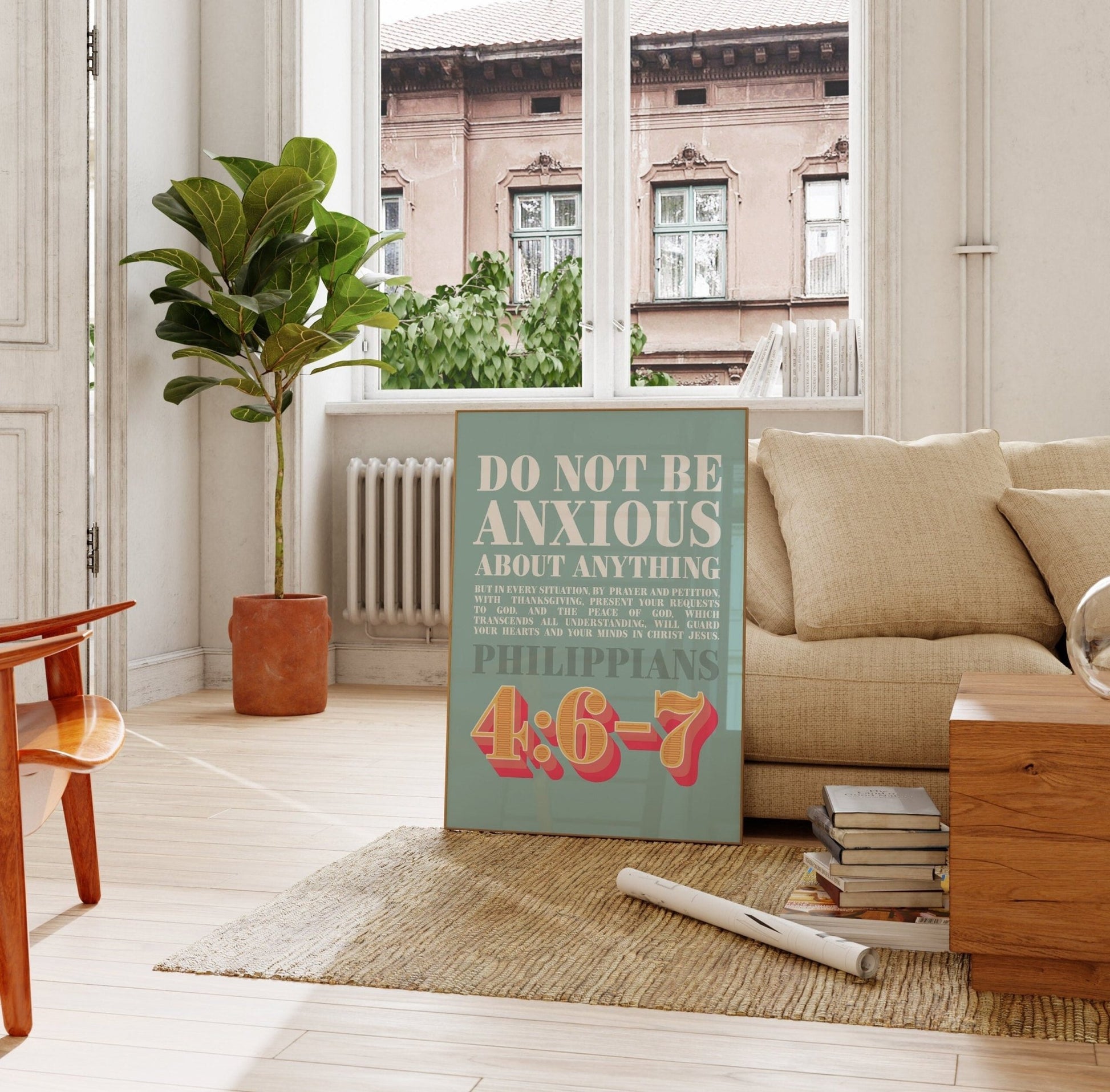 Philippians 4 verse 6 - 7 poster. Do not be anxious about anything. - The Christian Poster Company