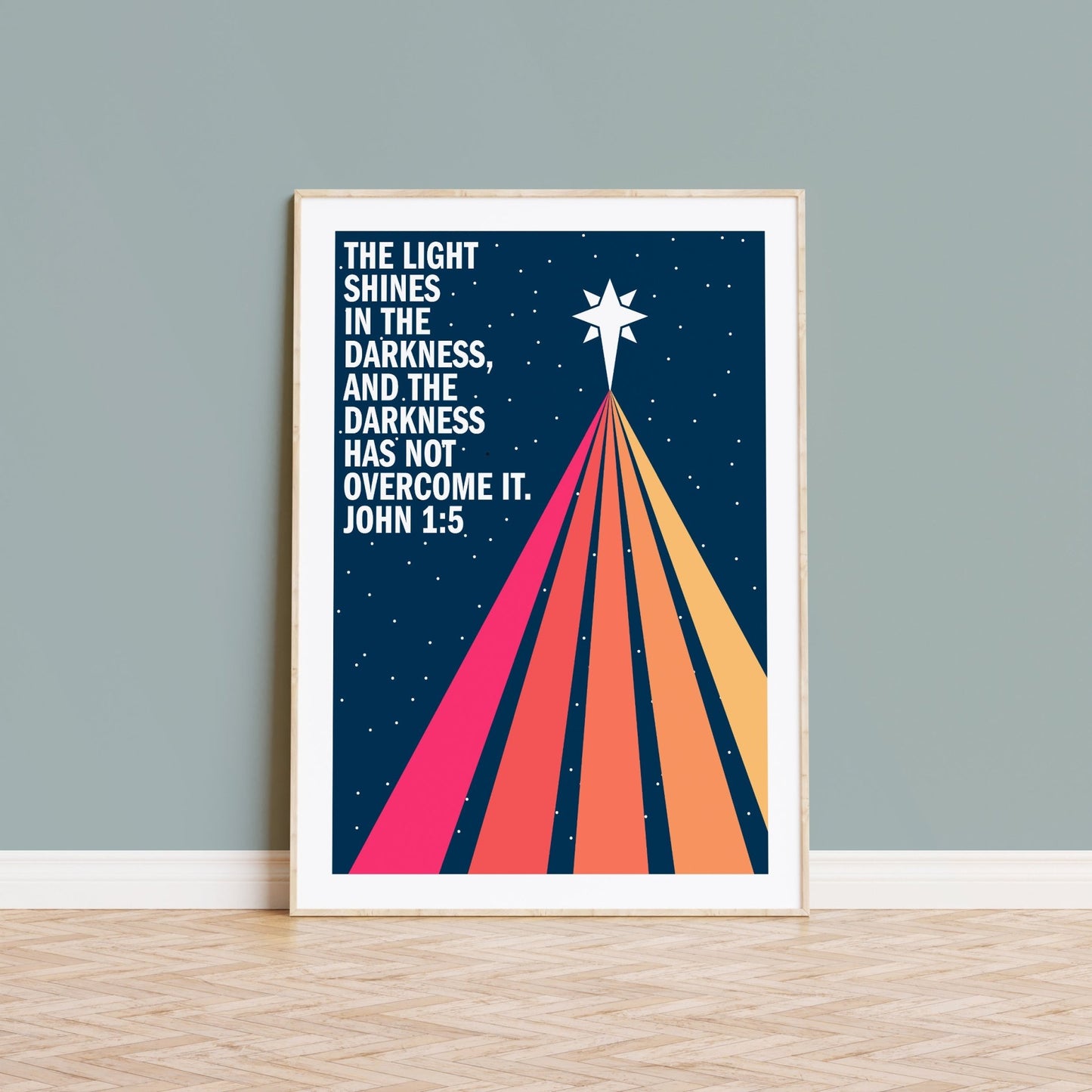 The light shines in the darkness. John 1 verse 5. Christian poster. Christmas wall art. - The Christian Poster Company