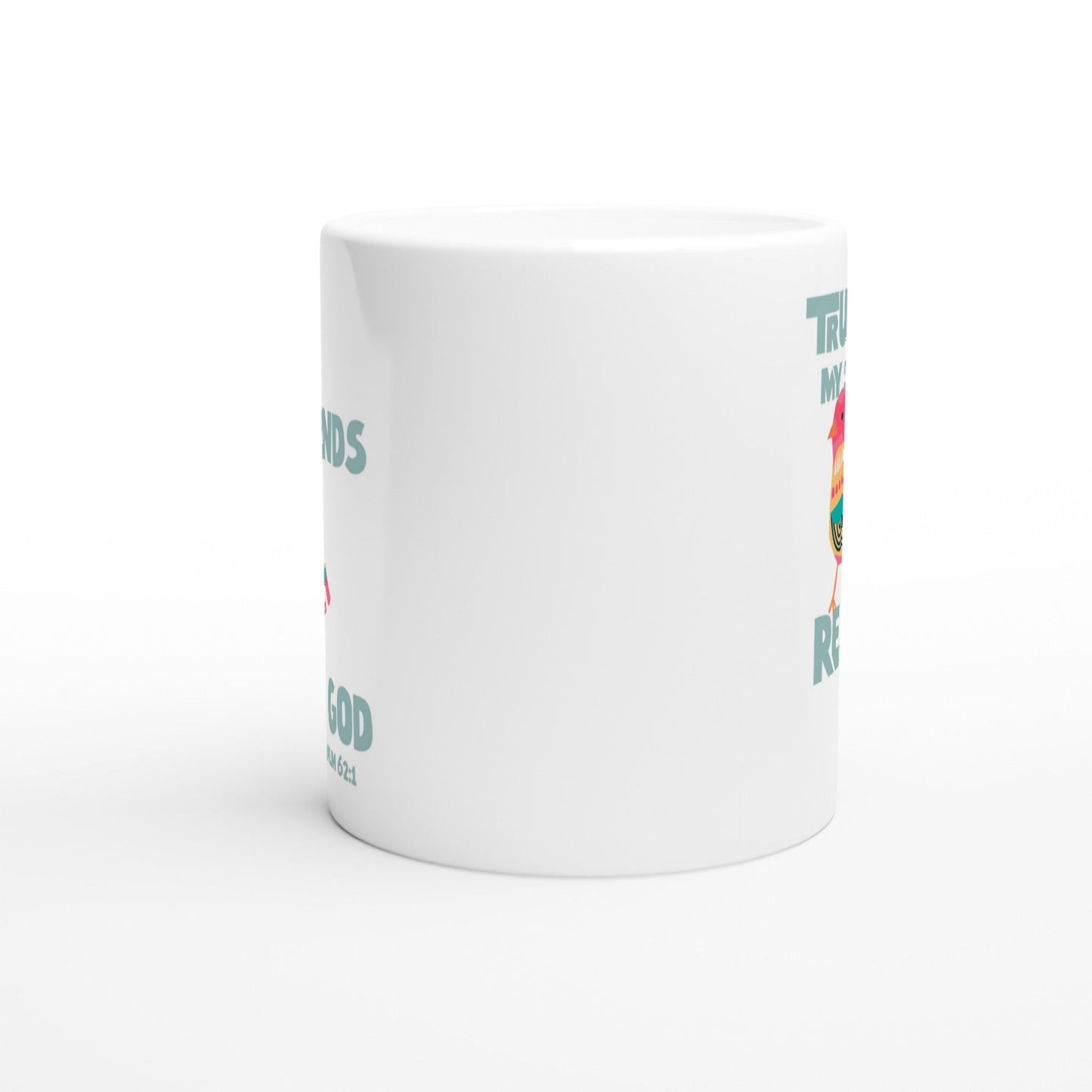 Modern Christian mug bird design Psalm 62:1 verse