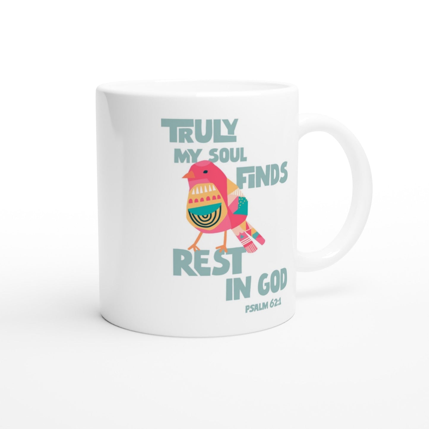 Modern Christian mug bird design Psalm 62:1 verse