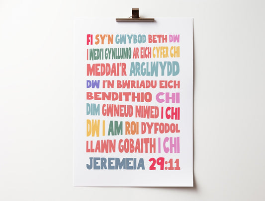 Welsh language Christian poster. For I know the plans I have for you poster, Jeremiah 29 verse 11. Jeremeia 29:11 - The Christian Poster Company