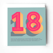 Colorful 18th birthday greeting card featuring bold numbers and a bible verse from Proverbs 3:5-6.