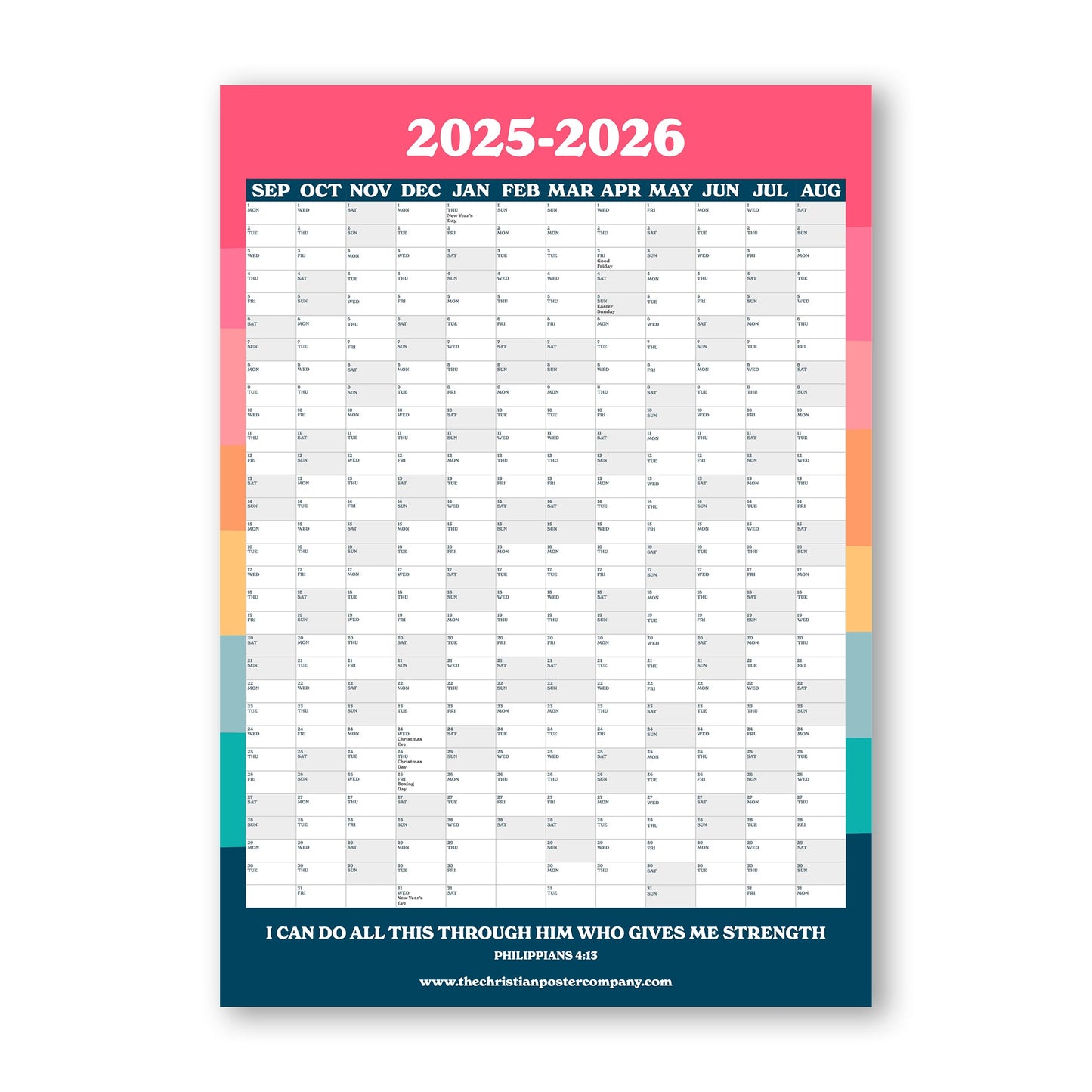Modern bright colourful Christian wall planner with Philippians 4:13 verse