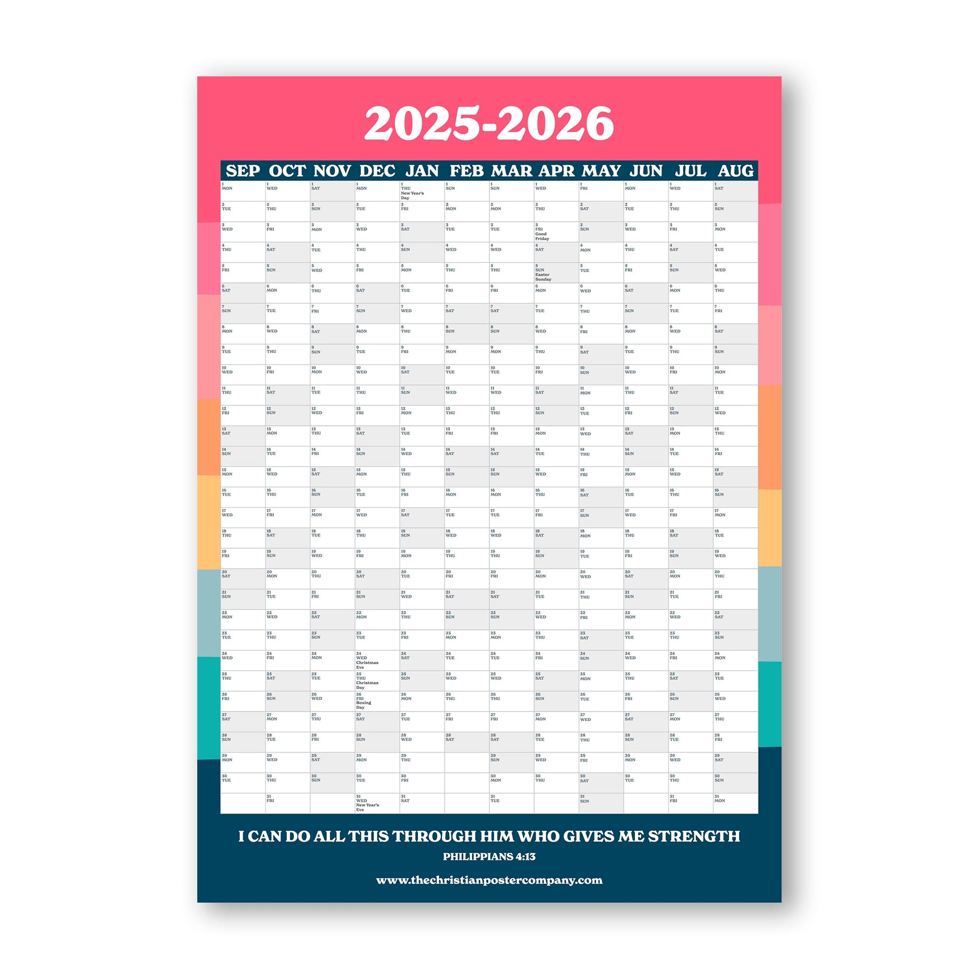 Modern bright colourful Christian wall planner with Philippians 4:13 verse