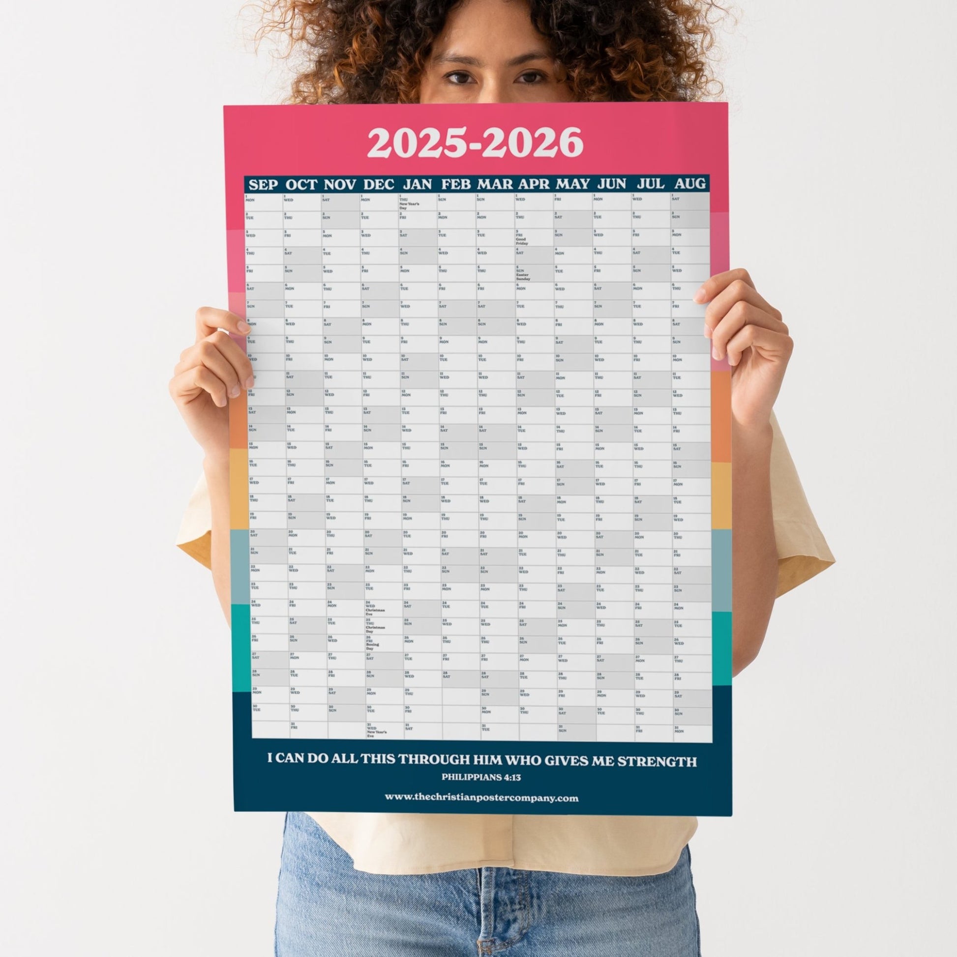 Modern bright colourful Christian wall planner with Philippians 4:13 verse