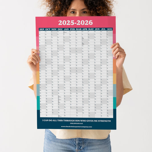 Modern bright colourful Christian wall planner with Philippians 4:13 verse