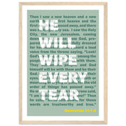 Wooden framed poster featuring the text from Revelation 21:1-5 in a modern design with a green background.