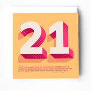 21st birthday greeting card featuring large pink and orange numbers with a bible verse from Proverbs 3:5-6.