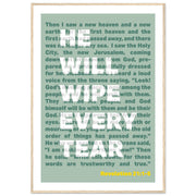 Wooden framed poster featuring the text from Revelation 21:4 in green and white, modern design.