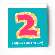 Colorful birthday card featuring a large pink '2' on a teal background with the text 'HAPPY BIRTHDAY!'}