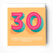 30th birthday greeting card with vibrant pink and teal numbers, featuring a bible verse from Numbers 6:24-26.