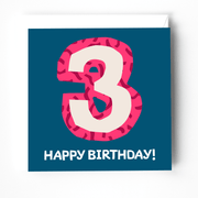 Colorful birthday card featuring a large pink number 3 on a blue background with the text 'HAPPY BIRTHDAY!'}