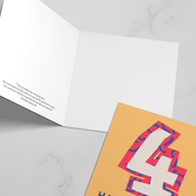 4th birthday greeting card with colorful number 4 design and blank interior for personal message.
