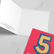 Colorful 5th birthday greeting card with a large number 5 on the front and a blank interior for a personal message.