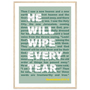 Wooden framed poster featuring the text from Revelation 21:1-5 in green and yellow, minimalist design.