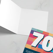 Colorful 70th birthday greeting card featuring a bible verse, inside blank for personal message.