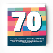 Colorful 70th birthday greeting card featuring a bible verse from Numbers 6:24-26.