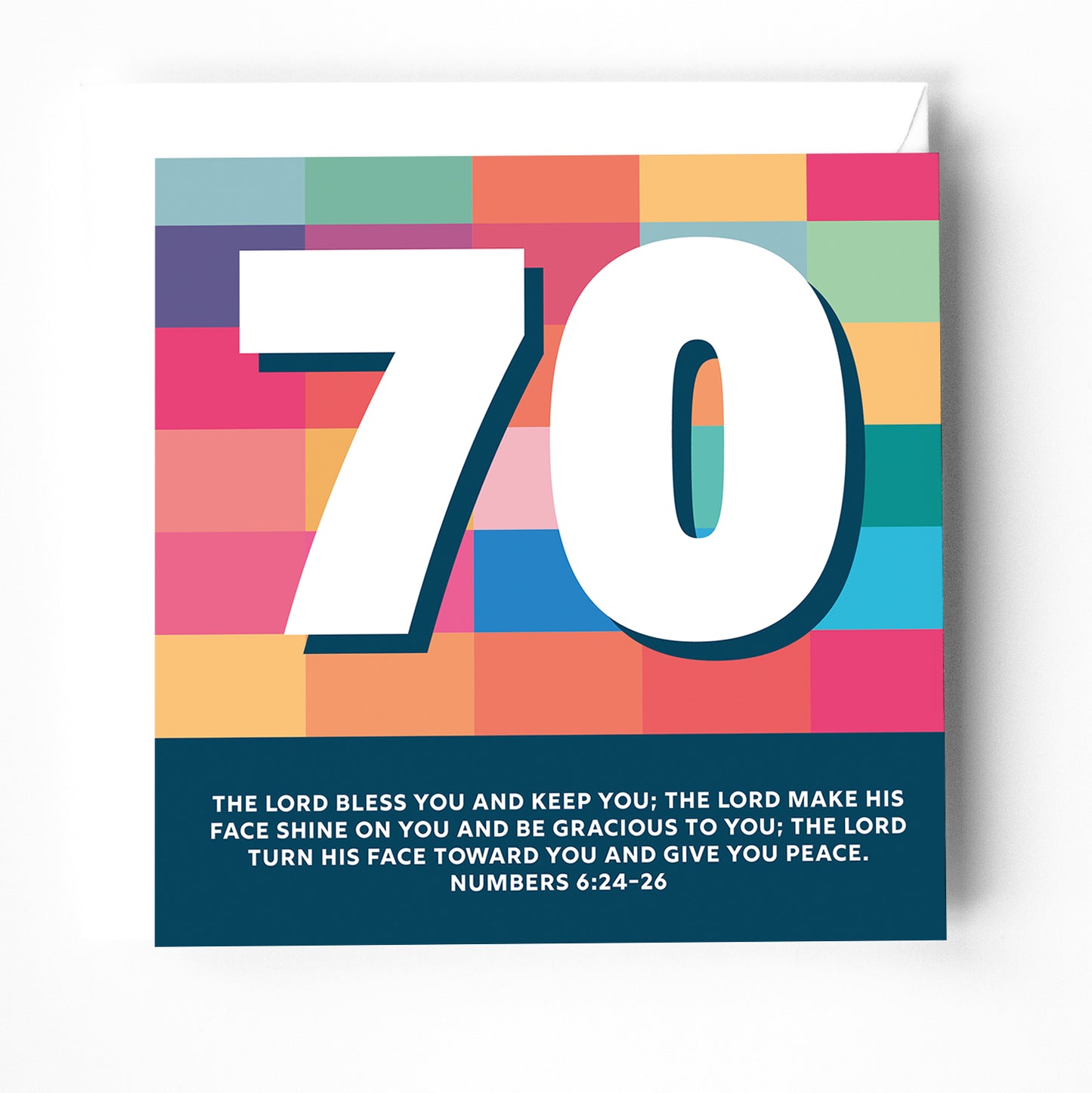 a colourful modern 70th birthday card with bible verse