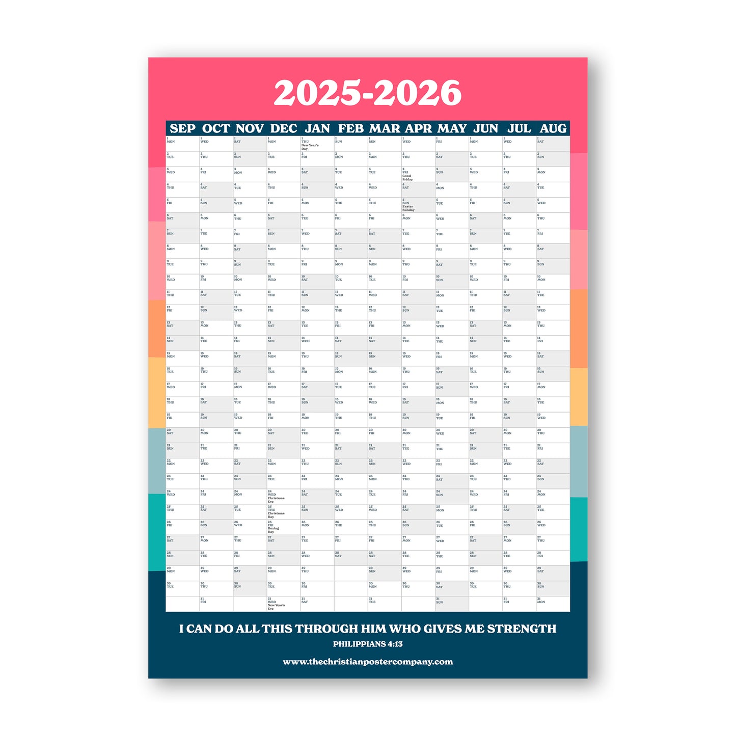 2025-2026 academic year wall planner with bible verse.