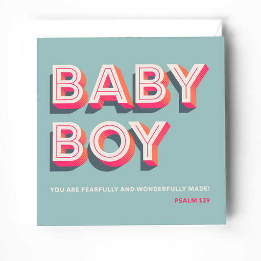 A modern christian baby boy card with a bible verse on the cover from psalm 139. the background is blue. 