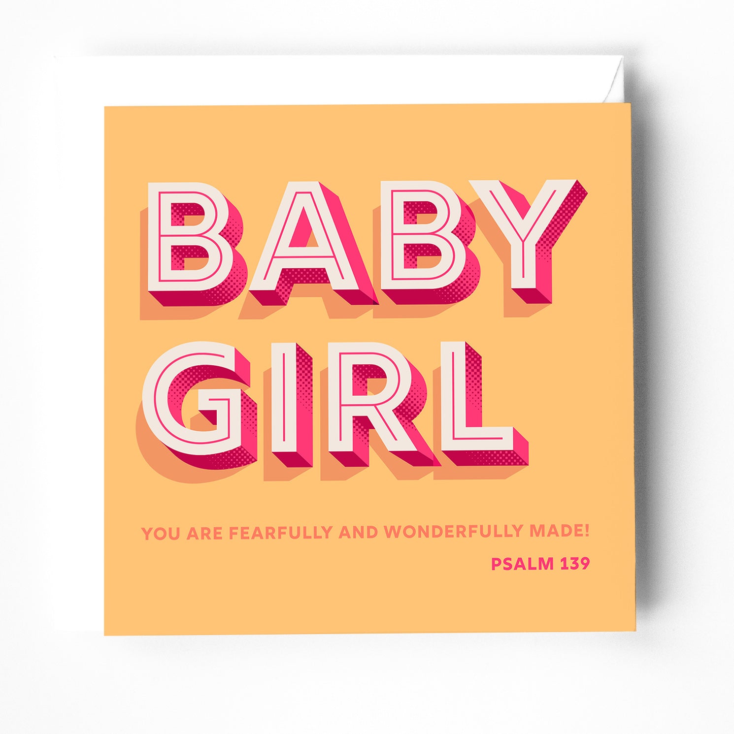 a colourful modern christian greeting card for a new baby girl. there is a yellow background and a bible verse saying the words from psalm 139, you are fearfully and wonderfully made, 