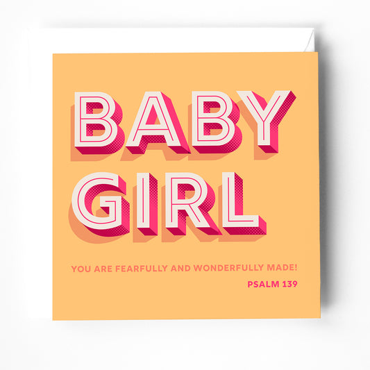 a colourful modern christian greeting card for a new baby girl. there is a yellow background and a bible verse saying the words from psalm 139, you are fearfully and wonderfully made, 