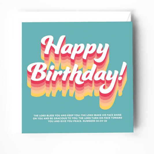 A modern birthday card for Christians, with colourful typography and a bible verse on the cover. 