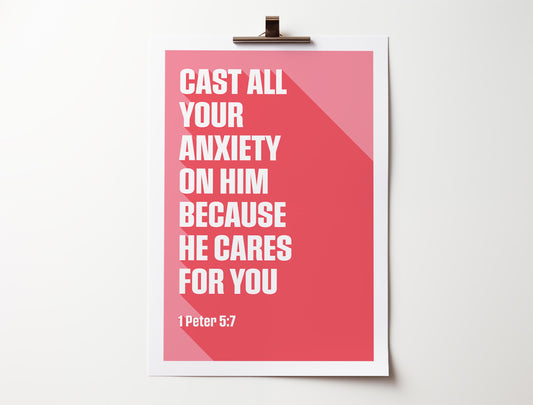 1 Peter 5:7 poster, 'Cast all your anxiety on him', Christian wall art, bible print.