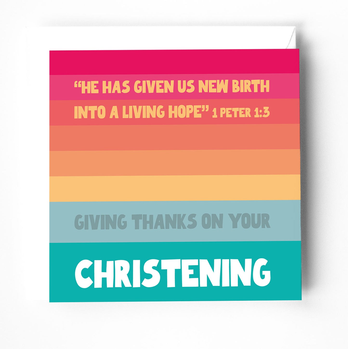 A colourful Christening card with rainbow stripes and a bible verse on the cover