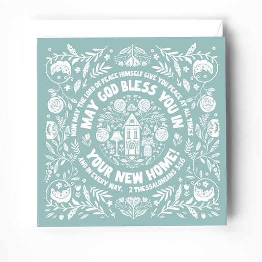 A modern scandi style new home card for christians with a bible verse on the cover. the background colour is green and the design and text are white. 