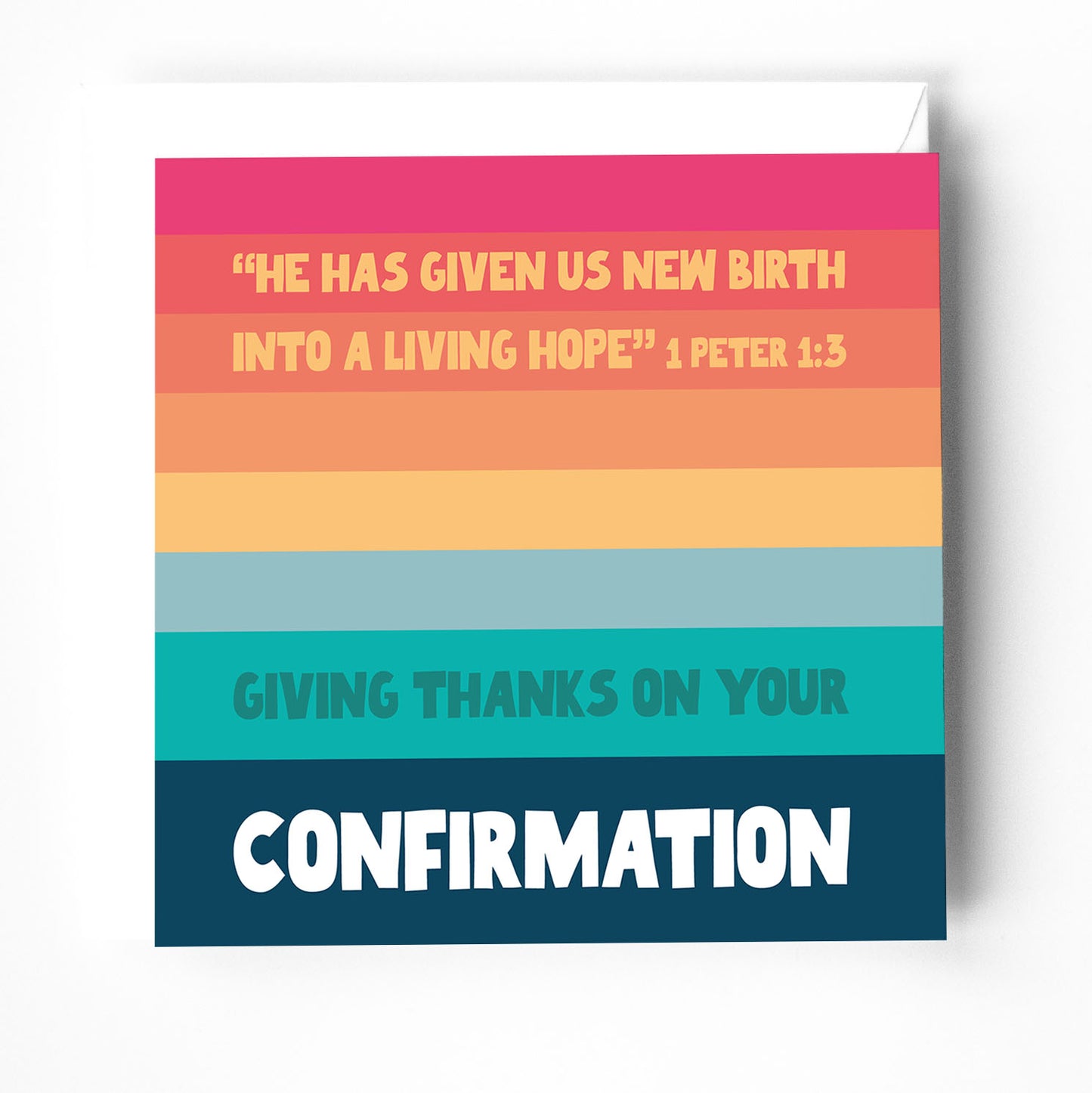 A modern Christian confirmation card with colourful stripes and a bible verse on the cover