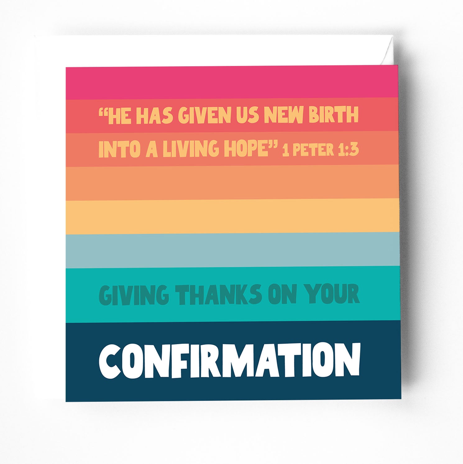 A modern Christian confirmation card with colourful stripes and a bible verse on the cover