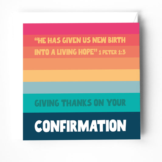 A modern Christian confirmation card with colourful stripes and a bible verse on the cover