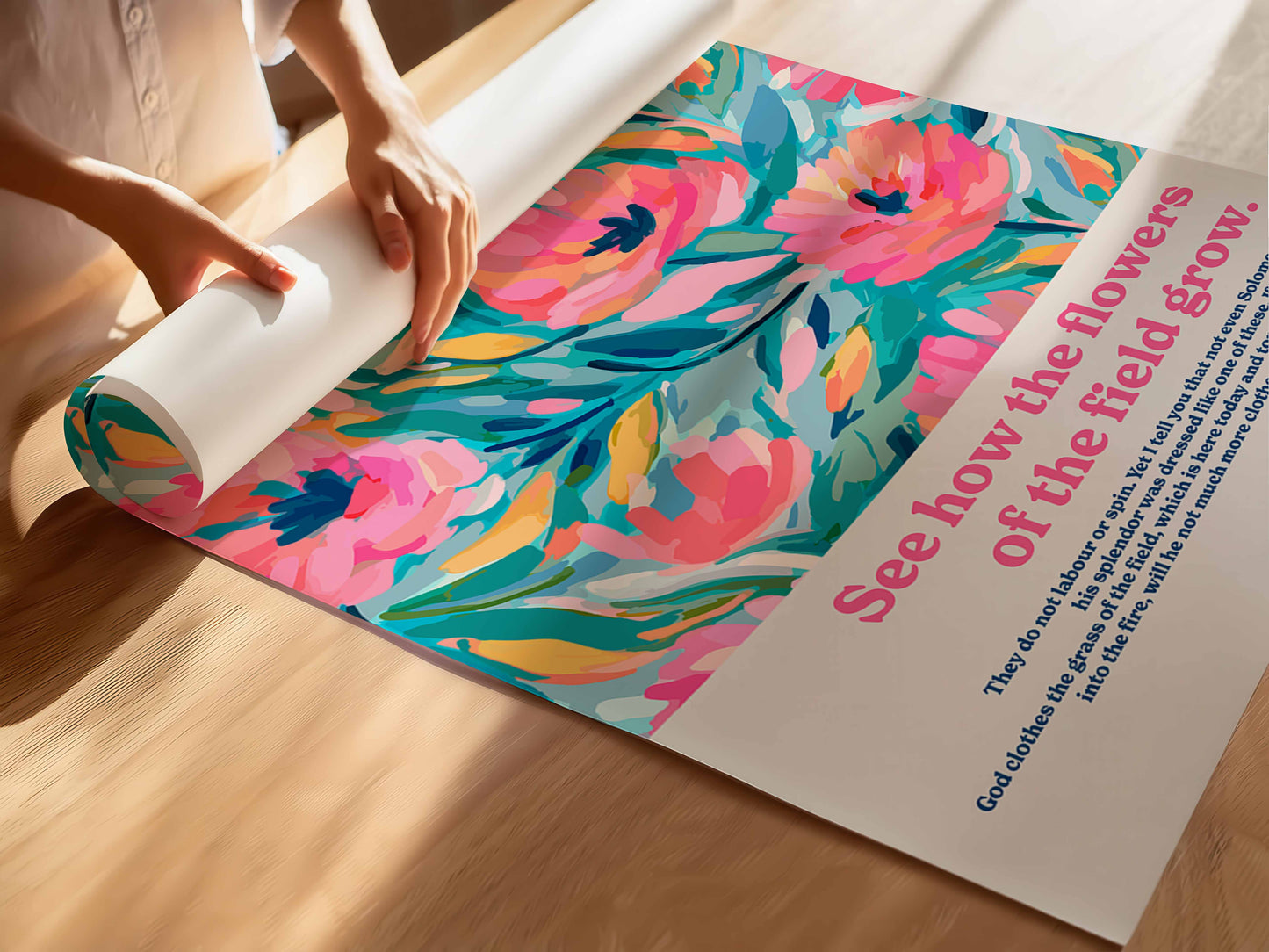 See how the flowers grow (Matthew 6). Bible verse poster.