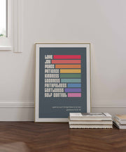Poster featuring the Fruits of the Spirit in colorful stripes with text from Galatians 5:22-23, framed on a wooden floor.
